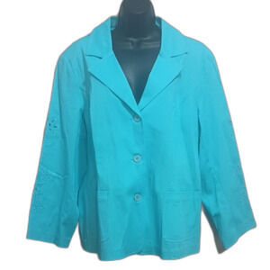 Susan Graver Blazer 1X Women's Turquoise Jacket Floral Cutout Sleeves and Back